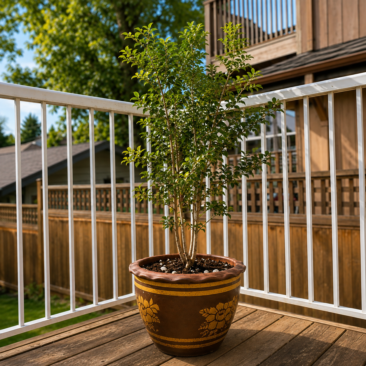 Evergreen tree planted in a 24 inch Thai ceramic dragon garden pot