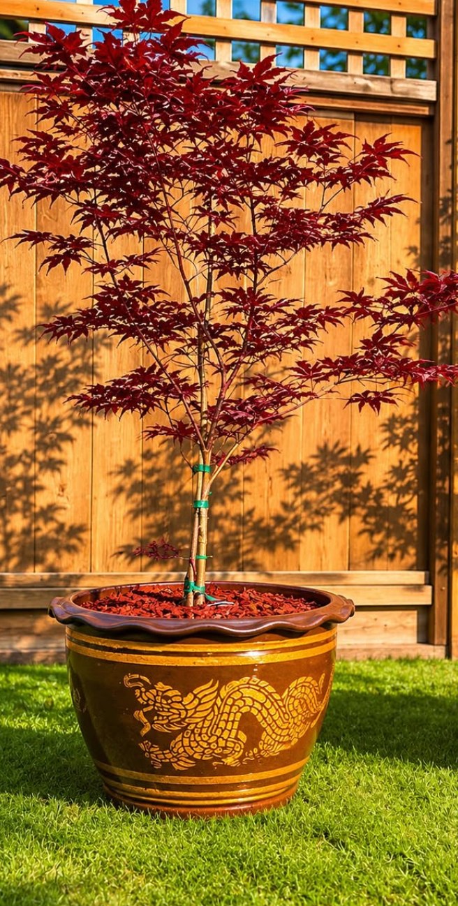 Japanese maple displayed in a decorative dragon-pattern ceramic pot