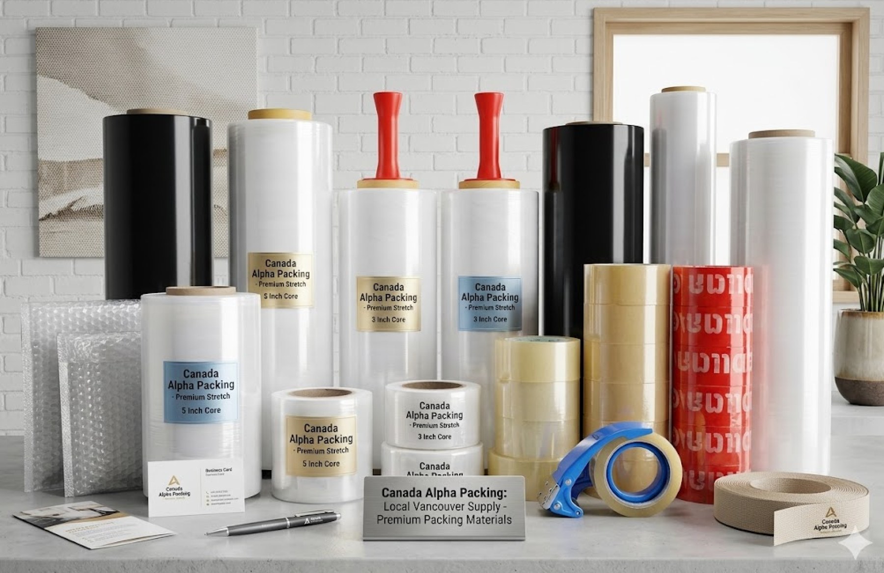 Stretch wrap, bubble wrap and packing tape